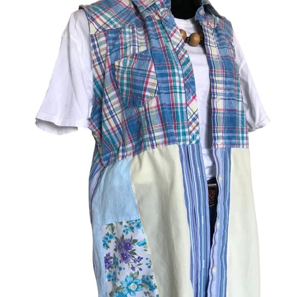 Patchwork Duster, Size L-XL: Upcycled Boho Sleeveless Floral Button-Down Dress - Picture 6 of 13